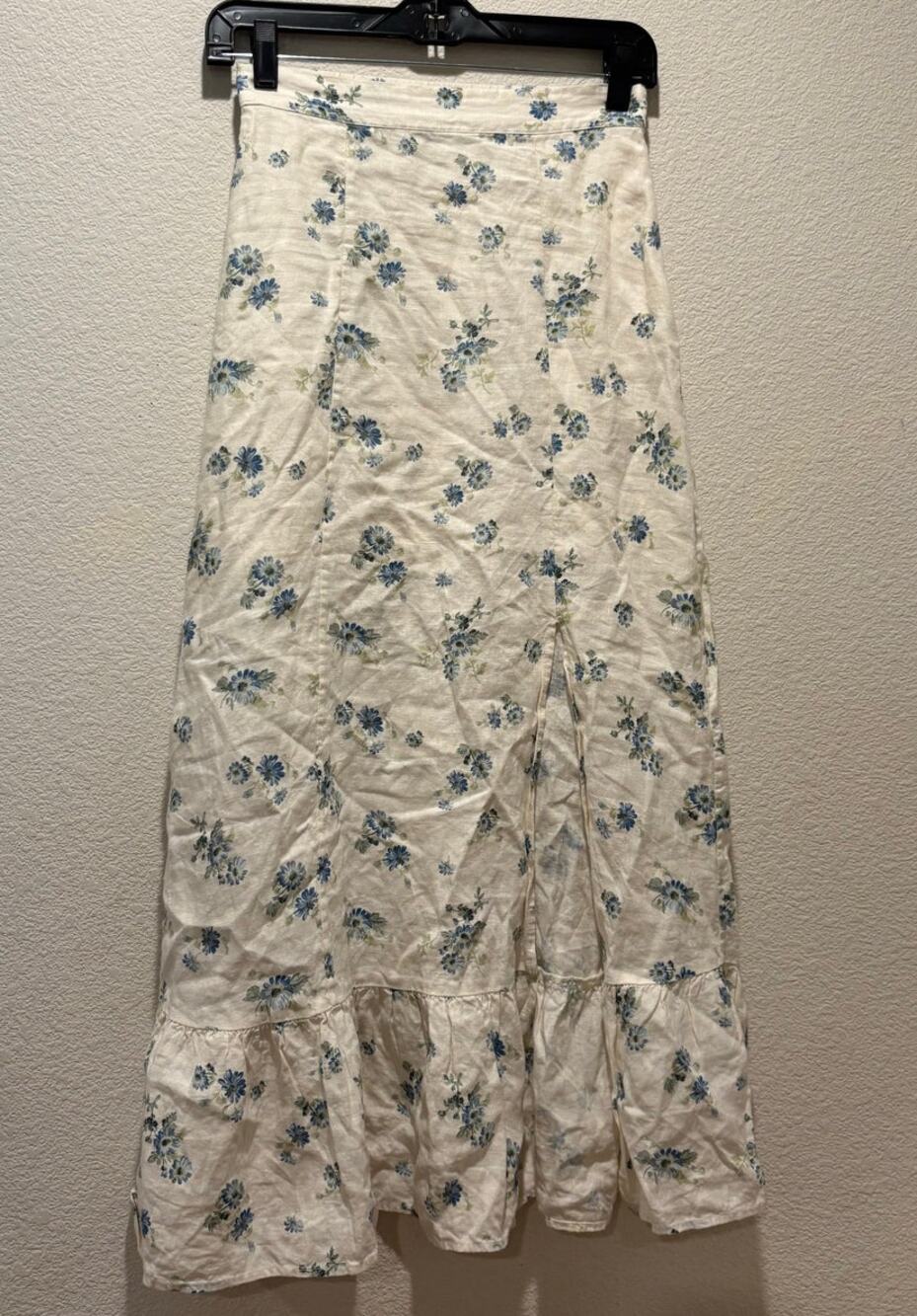 & Other Stories Cream Blue Floral 100% Linen Ruffle Maxi Skirt Size 2
